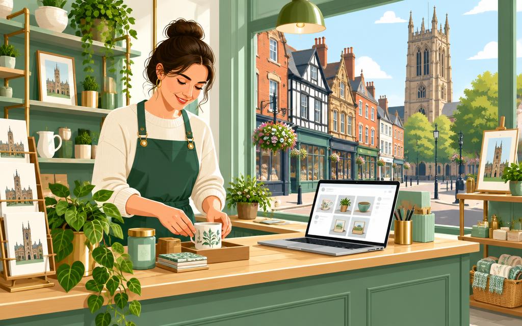 Artist's impression of a Derby shop owner preparing a business listing, with the cathedral tower beyond the window