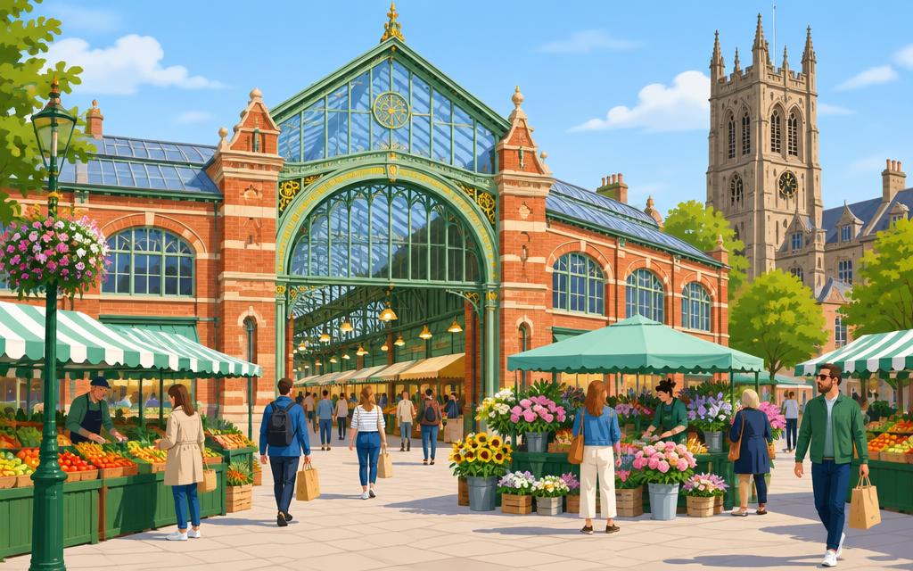 Artist's impression of shoppers outside Derby Market Hall with the cathedral tower behind